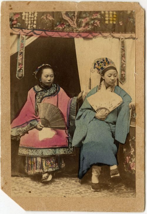 Wonderfully Hand Colored Albumen Photo of Young Chinese Couple (?) in Wedding Dress (?) with Fans