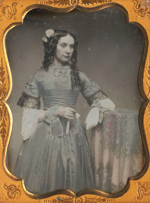 Woman Dressed to the Nines, Holding one Glove, Hand Tinted Quarter Plate Daguerreotype