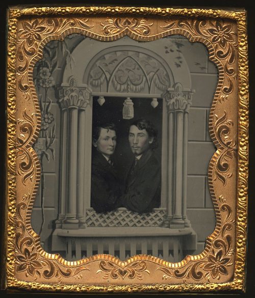 Charming Couple of Guys Posed in an Ornate Prop Window, Sixth Plate Tintype